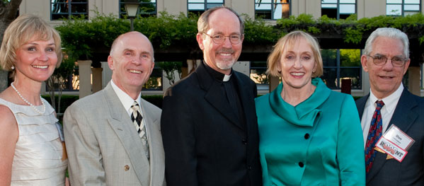 Ignatian Award Winners: With President Engh at center, they are, from left, Vicky and Brad Mattson, Cathy Cobb, and Don Odermann. Photo: Charles Barry