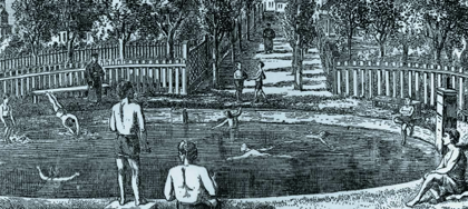 The Santa Clara plunge: taking the pause that refreshes. Photo by Britton & Ley lithograph, SCU Archives