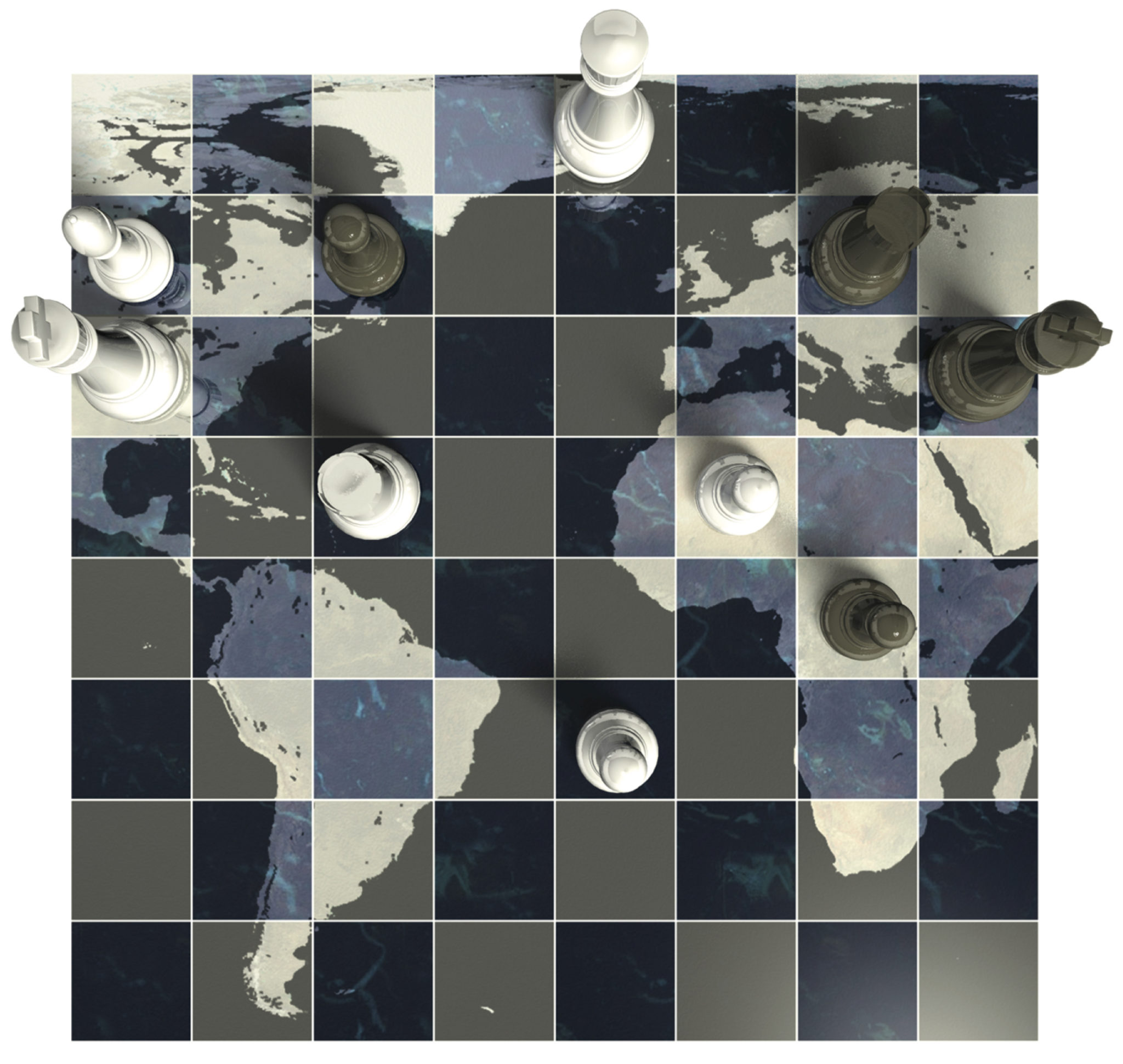 Stock image of chess piece on a globe-themed board