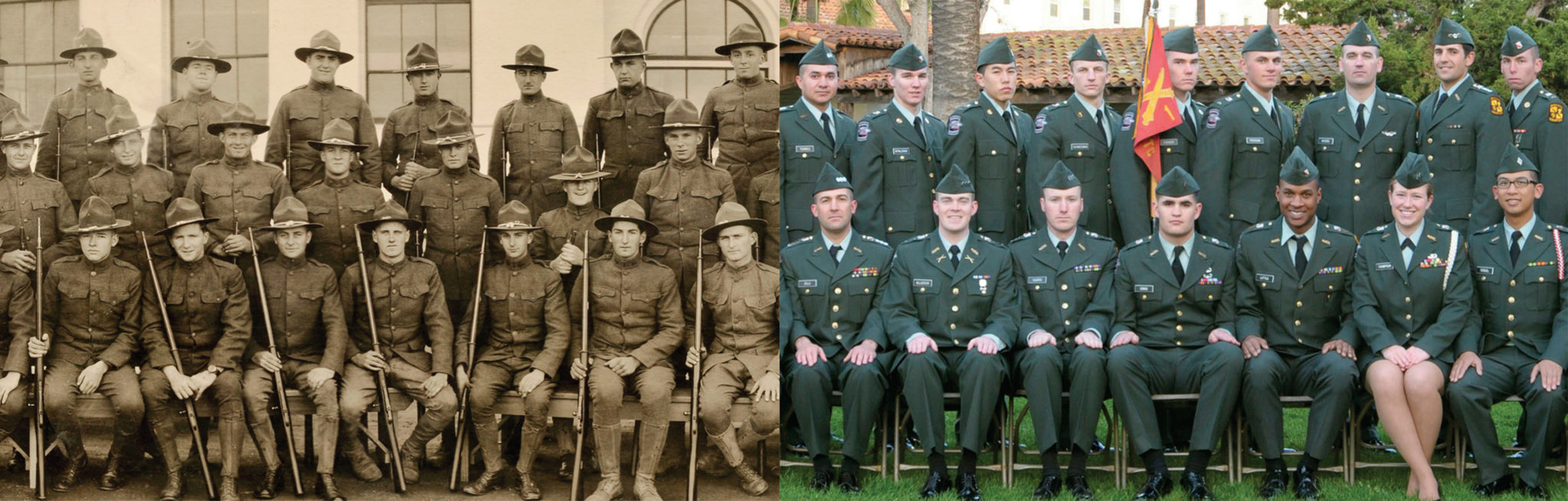 Officers and cadets: Left, the Students' Army Training Corps, Dec. 9, 1918 - Photo by SCU ROTC - and right, the Bronco Battalion in early 2011 - Photo by Charles Barry