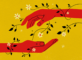 Illustration of two red hands coming together