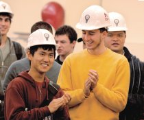 Groundbreaking cheers: Ray Lam in red and Alex Hall in yellow.