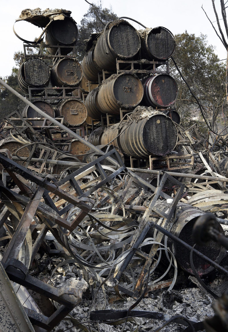 Wildfire burned wine barrels