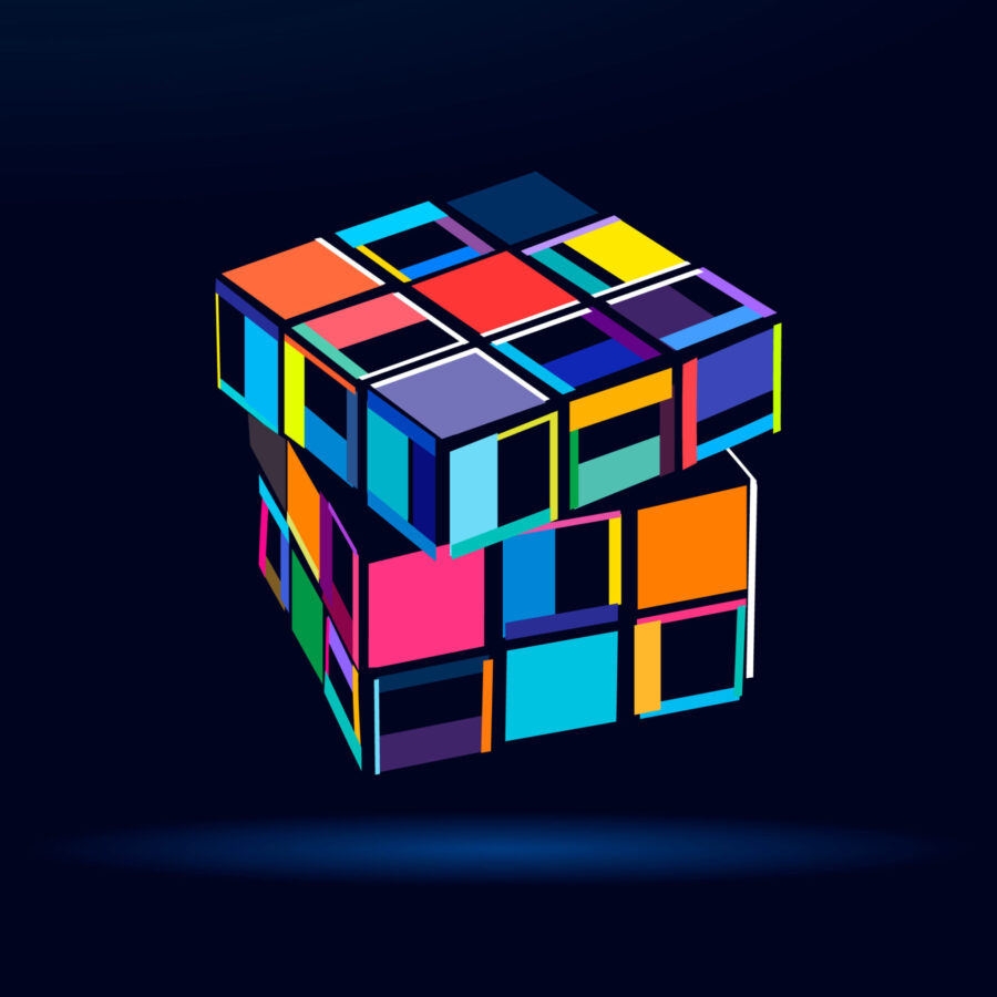 Abstract Rubik's Cube From Multicolored Paints, Colorful Drawing