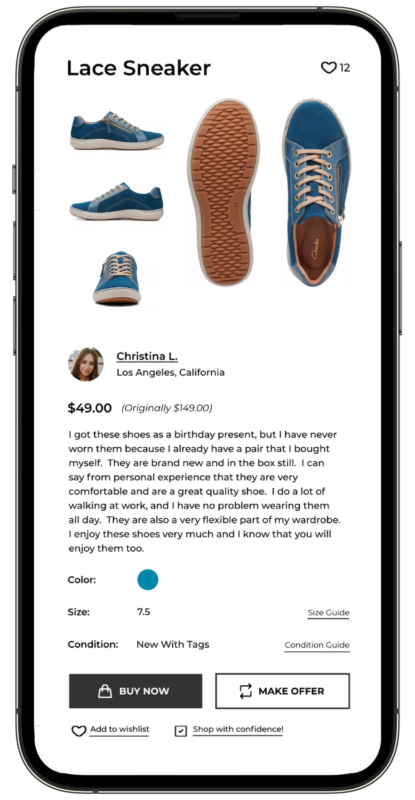 Iphone interface of Again Co.; listing for blue lace sneaker