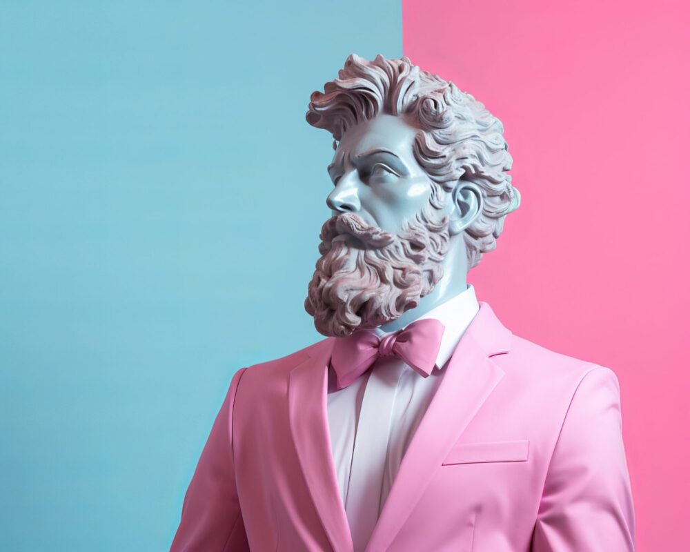 Fashionable Ancient Greek Male Marble Statue, Suit And Bow Tie, With Beard. Pastel Colors, Pink And Blue. Minimal Humorous Concept Of Art, Modern Philosophy, Democracy, Historical Fiction. Copy Space