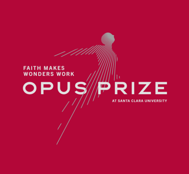 Opus Prize logo, features a figure made of radiating lines on a red back ground